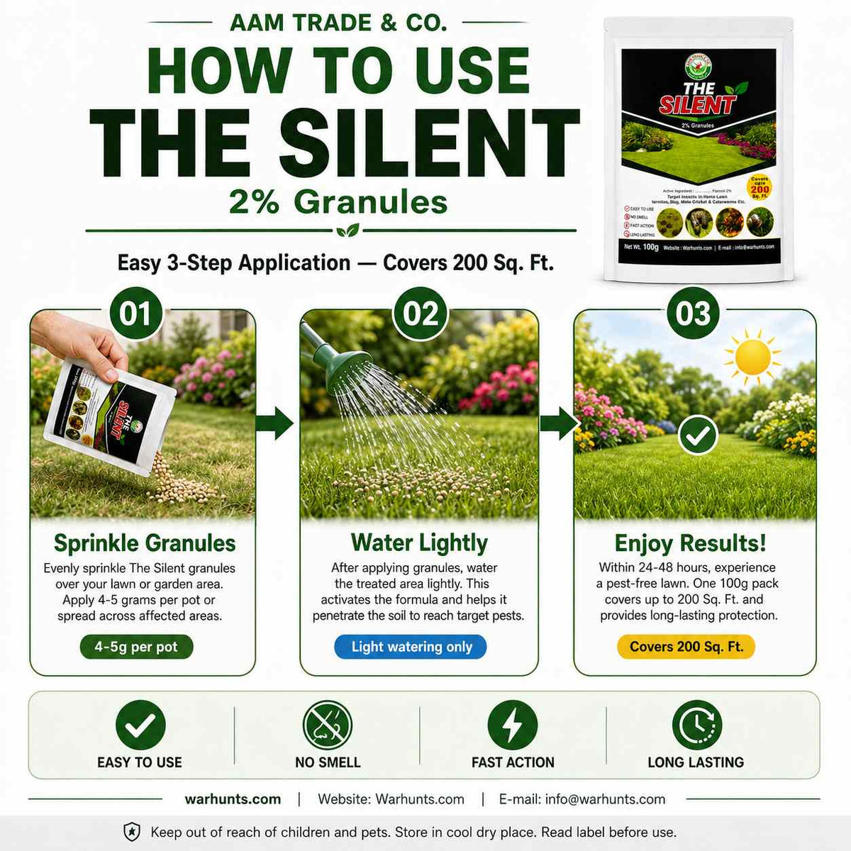 The Silent 2% Granules | Lawn Insect Killer | FREE Mask & Gloves | Kills Termites, Slugs, Mole Crickets & Caterpillars | Covers 200 Sq. Ft. | No Smell | Fast Action